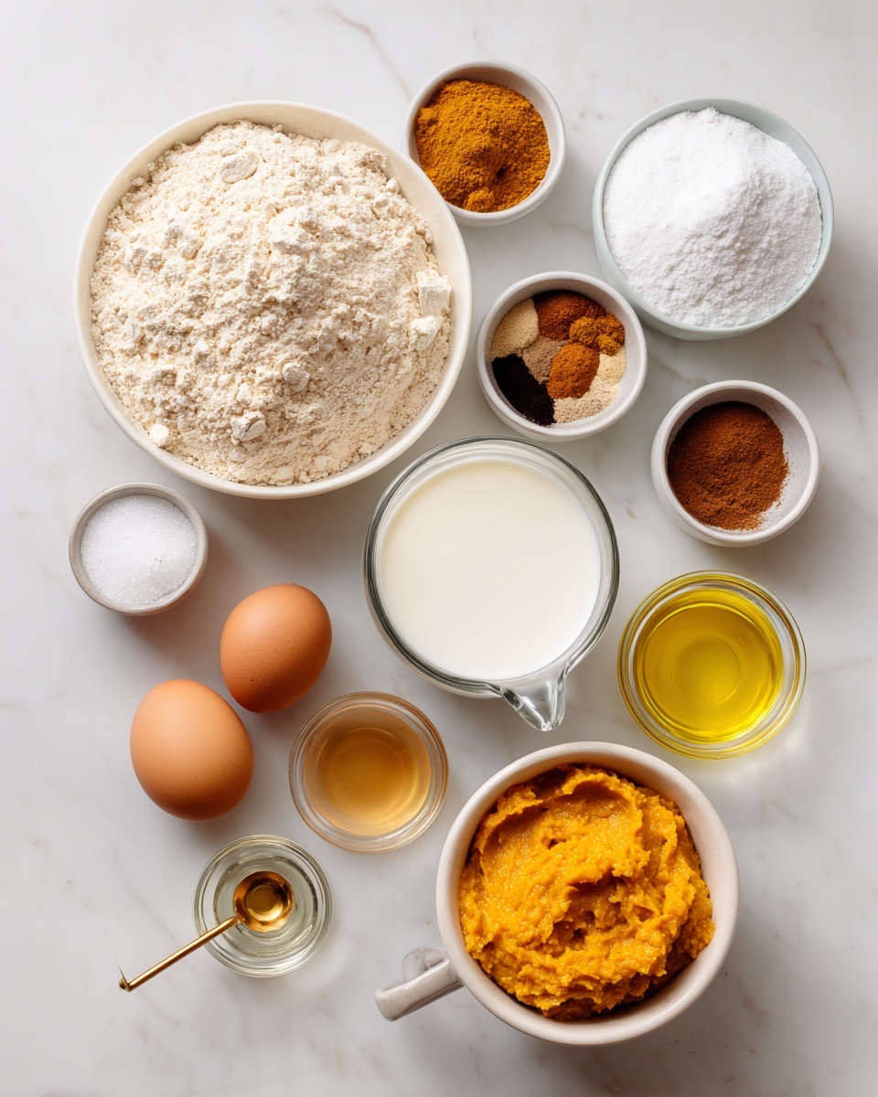 The image shows several bowls and containers with ingredients arranged on a white marbled surface. On the left, a large white bowl holds dry ingredients layered side by side, starting with a light beige flour, followed by white baking powder and baking soda, then a row of spices in shades of brown and cinnamon orange towards the front. Next to it are two light brown eggs, positioned near a clear glass measuring cup filled with white milk. Below, there is a white bowl filled with thick bright orange pumpkin puree. Around it are smaller glass bowls holding golden yellow oil, small dark amber vanilla extract liquid, and white granulated sugar in a measuring cup with a gold handle. The setup is neat and organized, ready for mixing. photo taken with an iphone --ar 4:5 --v 7