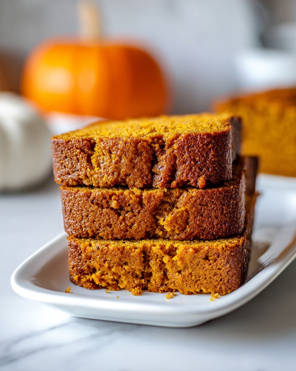 The image shows three thick slices of moist pumpkin bread stacked on a simple white rectangular plate. The pumpkin bread has a warm orange-brown color with a soft, slightly crumbly texture and a darker, slightly cracked top crust. The plate is set on a smooth white marbled surface, and in the background, a blurred orange pumpkin adds to the fall theme. The lighting is soft and natural, highlighting the bread’s texture and color. photo taken with an iphone --ar 4:5 --v 7