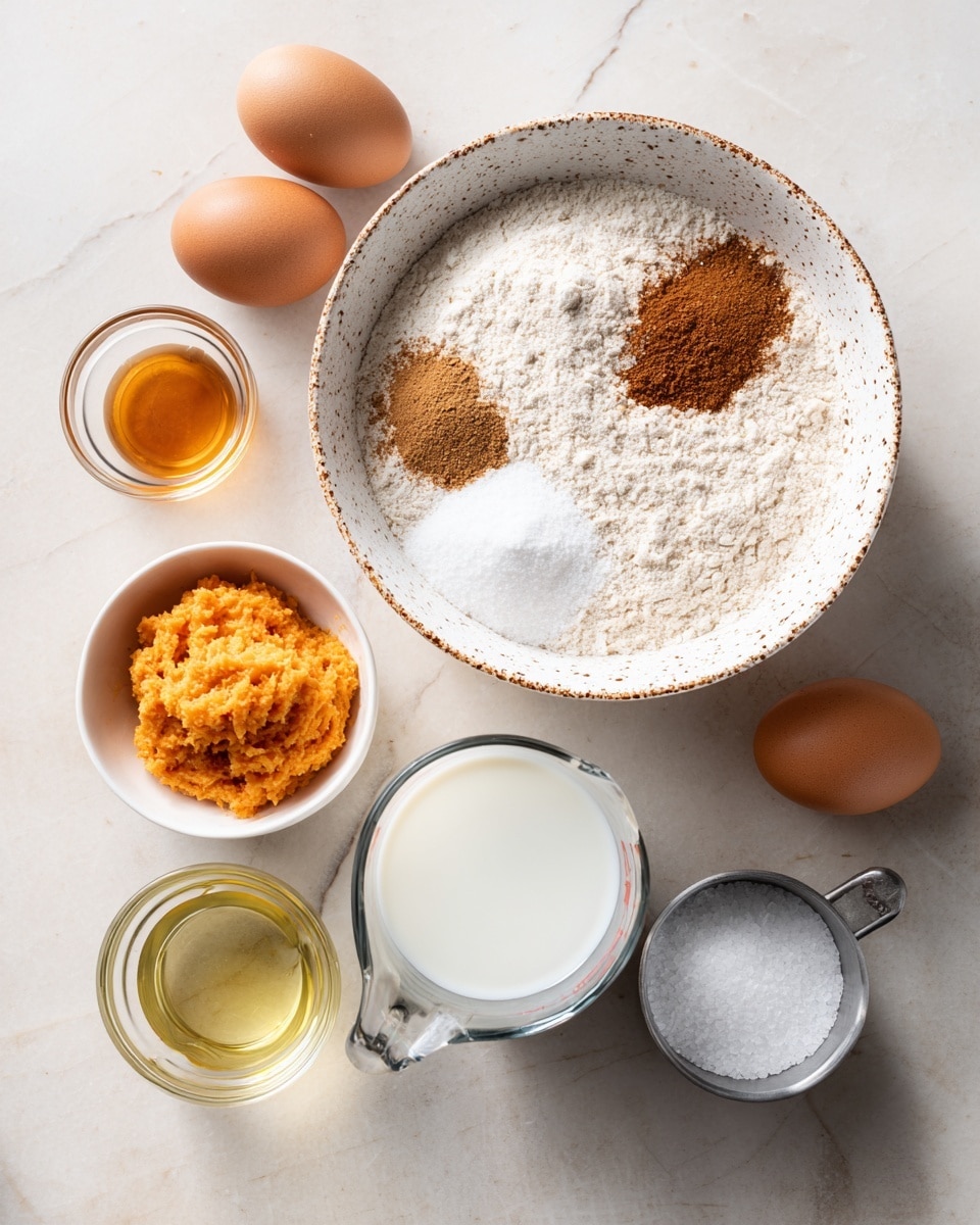 The image shows several ingredients arranged on a white marbled surface. There is a large white bowl with speckled brown edges containing four separate layers of dry powder: a light beige flour, white baking soda or powder, and two shades of brown spices positioned at the lower part. To the right of the bowl, two brown eggs sit together. Below the eggs, there is a clear glass measuring cup filled with a white liquid, likely milk. Further down, a white bowl holds a bright orange mashed substance. To the left of the orange mash, there is a small clear bowl with a light amber liquid, likely vanilla extract, and below it, another small clear bowl contains yellow oil. At the bottom right, a metal measuring cup filled with white granulated sugar is placed. The overall setup is clean and organized, with natural lighting. Photo taken with an iphone --ar 4:5 --v 7