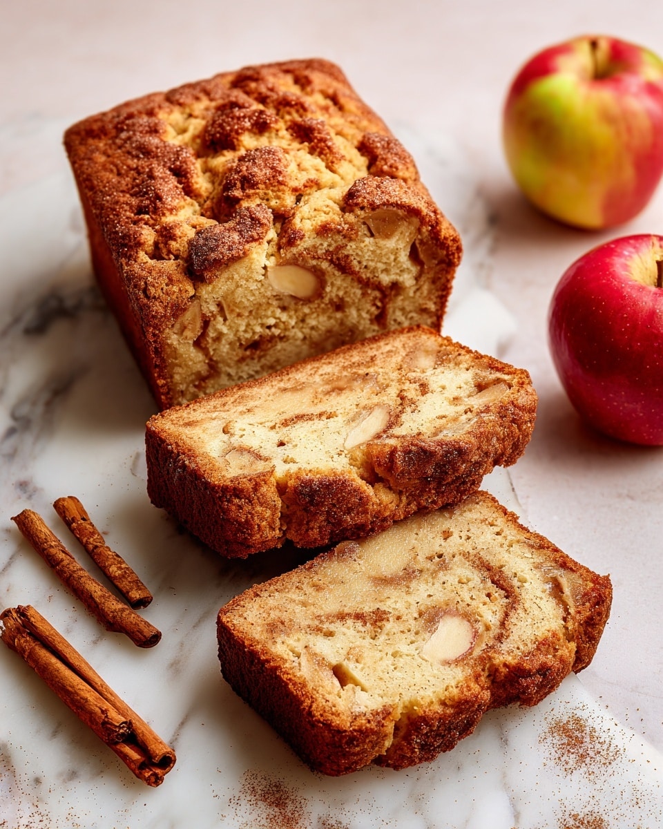 The image shows thick slices of apple cinnamon bread placed on a white marbled surface. The bread has a golden-brown crust with a textured top sprinkled with cinnamon pieces. Inside, the bread is light brown with small apple chunks and swirls of cinnamon running through it. To the right of the bread, there is a whole red and yellow apple, and cinnamon sticks are visible on the left side. The whole setup gives a warm and cozy feeling. photo taken with an iphone --ar 4:5 --v 7