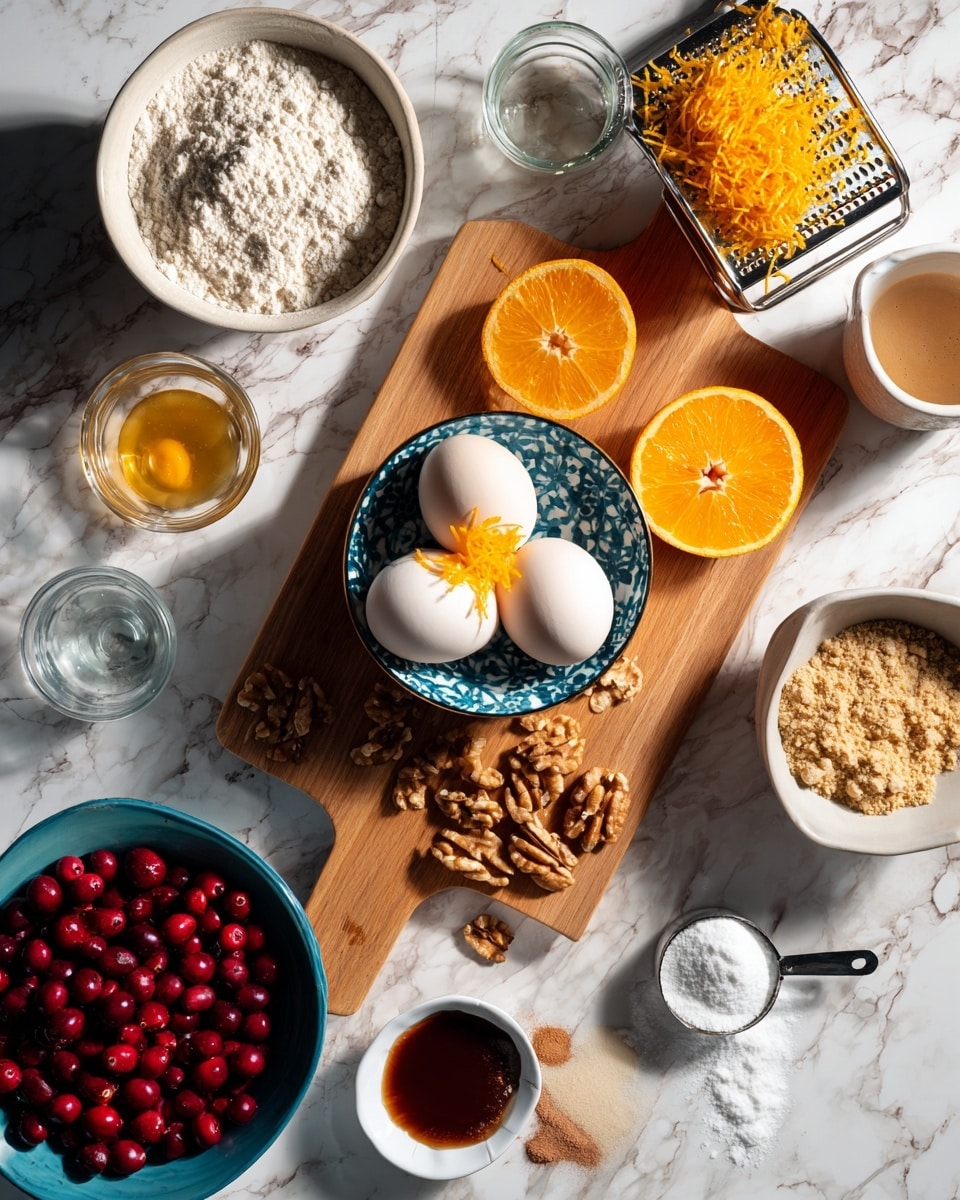 The image shows baking ingredients arranged on a white marbled surface. In the center, a wooden cutting board holds an orange grater with orange zest on it, two white eggs in a small bowl with a blue and beige pattern, and two halves of a bright orange orange placed below the grater. Around the board, there are several bowls and containers: a white bowl with flour on the left, a white bowl of light brown sugar or flour mix on the right, a small blue and beige bowl with whole walnuts below the cutting board, a clear small glass bowl with vanilla extract next to the walnuts, and a small white plate with two powdered spices next to the walnuts. In the lower left, a blue bowl holds a pile of shiny red cranberries, with some spilling onto the surface. A small wooden measuring scoop filled with white sugar sits near the bottom right. Two small glass containers hold liquids, one near the bottom left and one near the bottom right. photo taken with an iphone --ar 4:5 --v 7