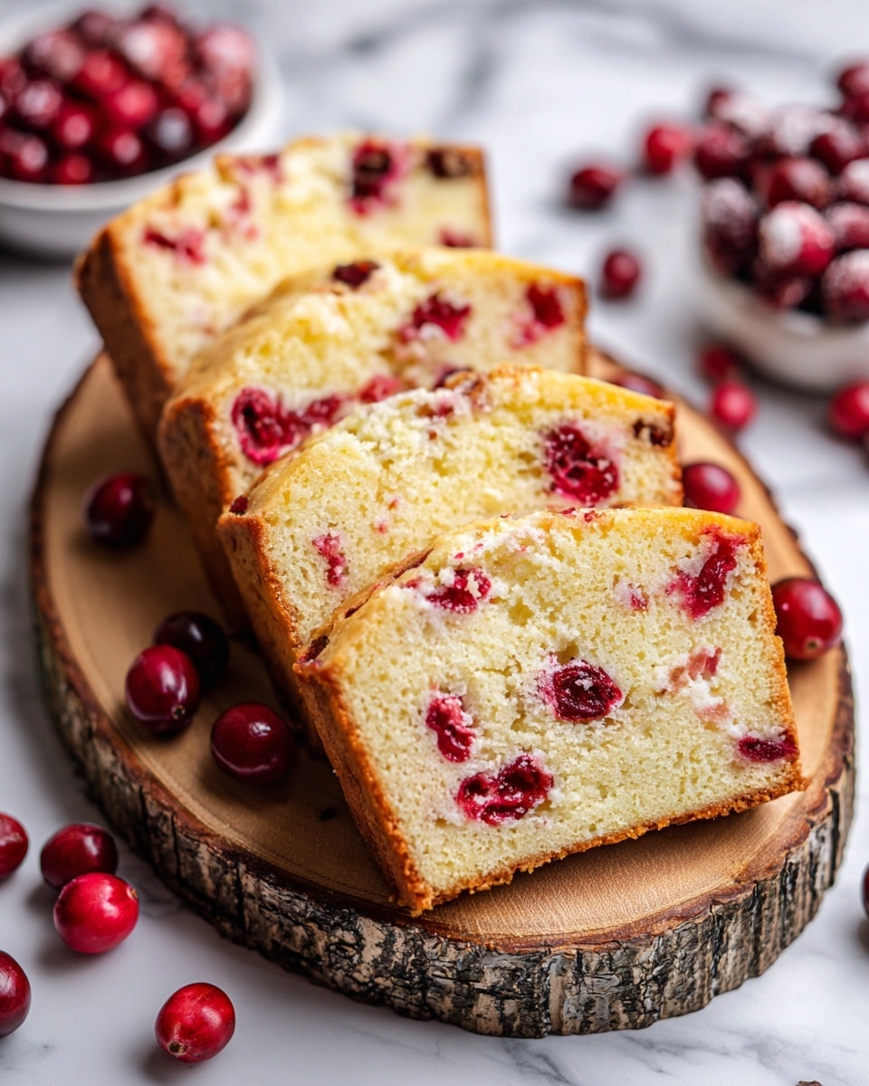 The image shows five slices of a loaf cake placed on a round wooden board with natural bark edges. The cake has a light golden brown crust and a pale yellow inside speckled with bright red pieces of cranberries throughout. Surrounding the board are fresh, whole cranberries in various shades of red, adding a contrasting pop of color. The texture of the cake looks soft and tender with visible bits of red fruit embedded in the bread. The whole setup is on a white marbled surface. Photo taken with an iphone --ar 4:5 --v 7