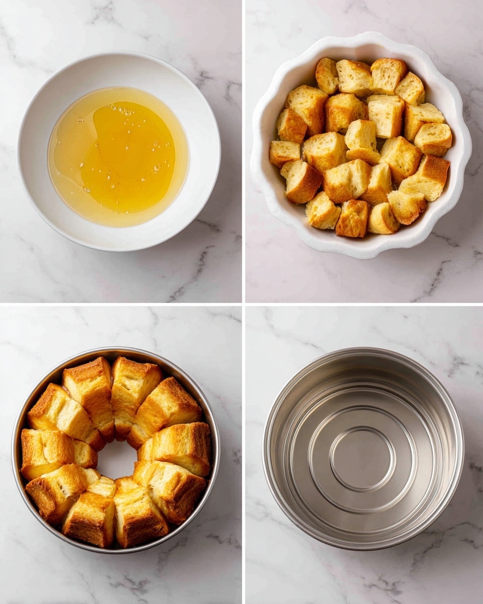 The image shows four steps of making a sweet bread dessert arranged in a grid. The top left has a white bowl with a shiny golden sauce inside, placed on a white marbled surface. The top right shows a white bundt pan filled with pieces of folded bread, golden brown in color, soaking in the sauce. The bottom left shows the same bundt pan but now fully packed with more golden brown bread pieces, creating thick layers all around the pan. The bottom right displays the empty silver bundt pan on the same white marbled surface. Photo taken with an iphone --ar 4:5 --v 7