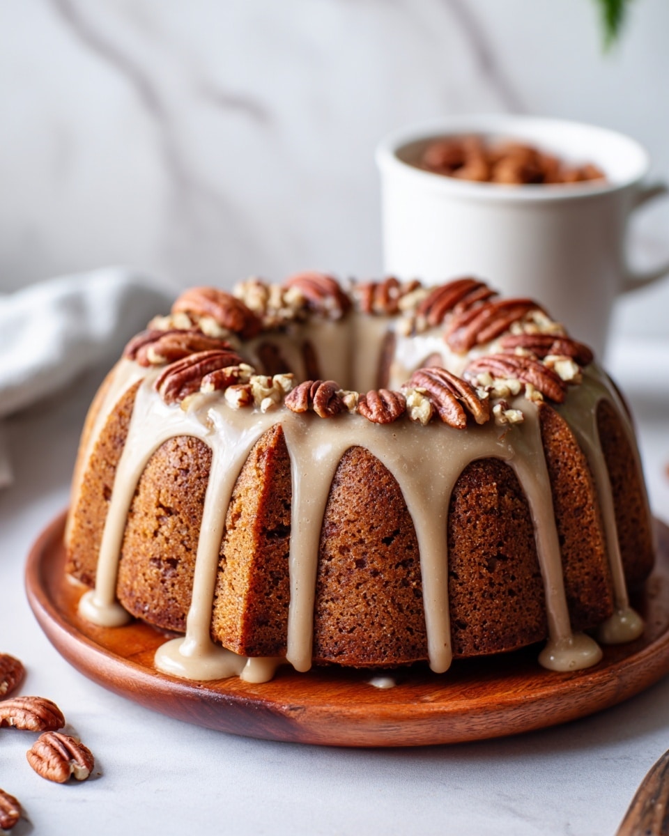 A bundt cake sits on a wooden plate with a close-up focus on its side, showing a rich brown color with a moist, textured surface. The cake is topped with a light beige glaze that drips slowly over the ridges, and scattered large pecan halves add a crunchy contrast on the top layer. In the blurred background, a white cup filled with small, brown objects is partially visible, against a white marbled surface. The overall setting is bright with natural light, highlighting the shiny glaze and details of the nuts. Photo taken with an iphone --ar 4:5 --v 7
