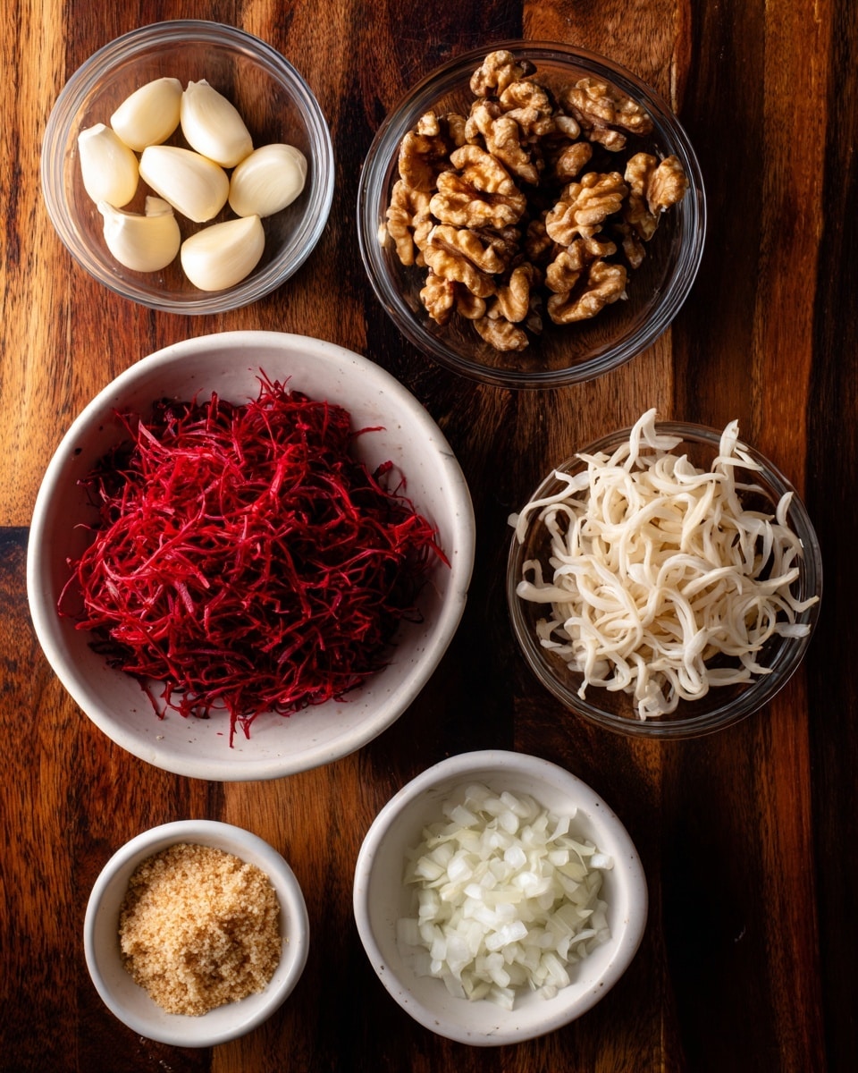 The image shows six small bowls arranged on a dark wooden surface with a white marbled texture digitally applied behind. The largest bowl is white and filled with thin, bright red shredded ingredients that look moist and slightly glossy, sitting in the bottom right corner. Surrounding it are five smaller bowls: the top left bowl is clear and holds several whole garlic cloves, cream-colored with light brown skins; next to it to the right is another clear bowl filled with medium brown walnut halves showing rough textured surfaces; the top right small white bowl contains finely grated beige-brown substance with a soft texture; the bottom left small white bowl has very thin, pale beige noodle-like strands coiled loosely; and the middle left small white bowl contains finely chopped white onions with a glossy, moist look. The bowls are placed spread out evenly across the surface. photo taken with an iphone --ar 4:5 --v 7