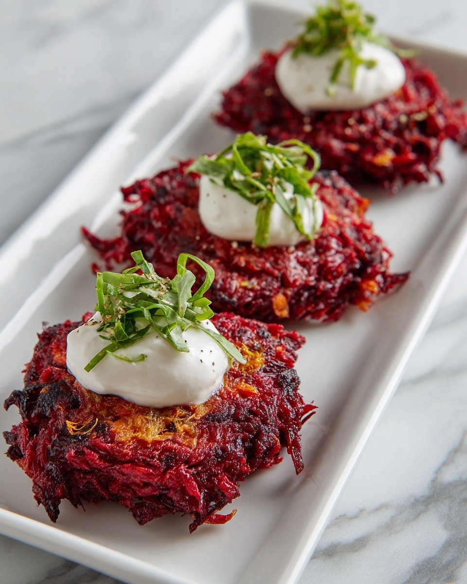 Three small dark red patties with a rough, shredded texture are placed side by side on a white rectangular plate over a white marbled surface. Each patty is topped with a dollop of smooth, white cream and a small bundle of green herbs, adding a fresh contrast to the deep red base. The patties have uneven edges and small bits of orange visible within them, giving a crunchy look. Photo taken with an iphone --ar 4:5 --v 7