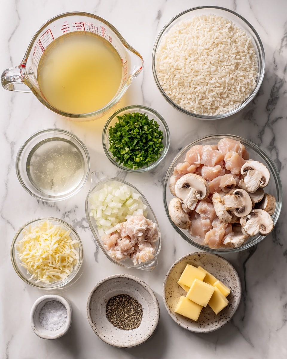 The image shows ingredients for cooking arranged neatly on a white marbled surface. There is a large glass measuring cup filled with a light yellow liquid broth on the left. Next to it are small glass bowls containing chopped fresh green herbs, a clear light-colored liquid, diced raw chicken pieces, finely chopped white onions, and shredded pale yellow cheese. A larger glass bowl holds uncooked, short-grain white rice at the top center. To the right is another large glass bowl filled with sliced brown mushrooms showing white insides. Near the top right corner, a small glass bowl contains two square pieces of yellow butter. Two small ceramic dishes, one with salt and the other with cracked black pepper, are placed near the center. The setup is clean and well-organized, ready for cooking photo taken with an iphone --ar 4:5 --v 7
