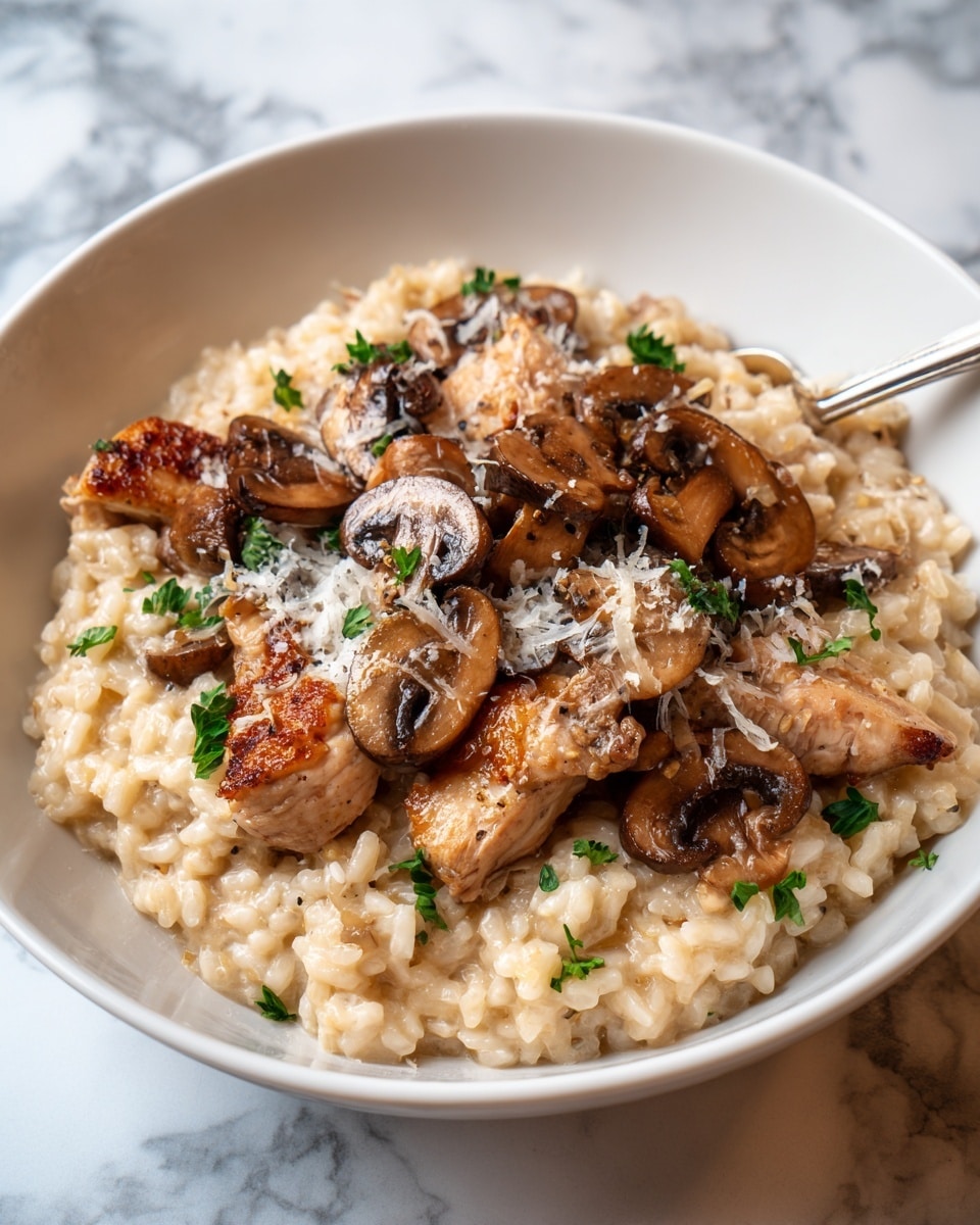 A white bowl filled with creamy risotto, soft and light beige in color, covering the base layer. On top, there are several browned chicken pieces with a slightly crispy outside, scattered evenly. Mixed among the chicken are sliced brown mushrooms with smooth textures, some showing a slight shine. The dish is garnished with small green parsley bits and a light sprinkle of grated cheese, adding a soft white contrast. The bowl rests on a white marbled surface. photo taken with an iphone --ar 4:5 --v 7