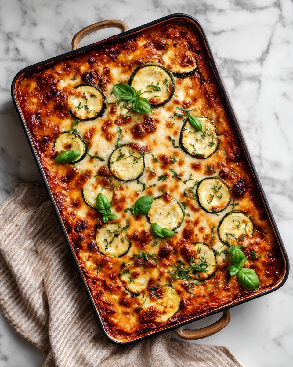 A rectangular baking tray filled with a layered zucchini dish. The bottom layer appears to be a tomato-based sauce with a rich red-orange color and small bits of herbs. Above this is a layer of melted cheese that is golden brown and bubbly. On top, there are evenly spaced slices of cooked zucchini, soft and slightly browned on the edges. Fresh green basil leaves are scattered across the top, adding contrast to the dish. The tray is placed on a white marbled surface with a striped beige cloth partially underneath. Photo taken with an iphone --ar 4:5 --v 7