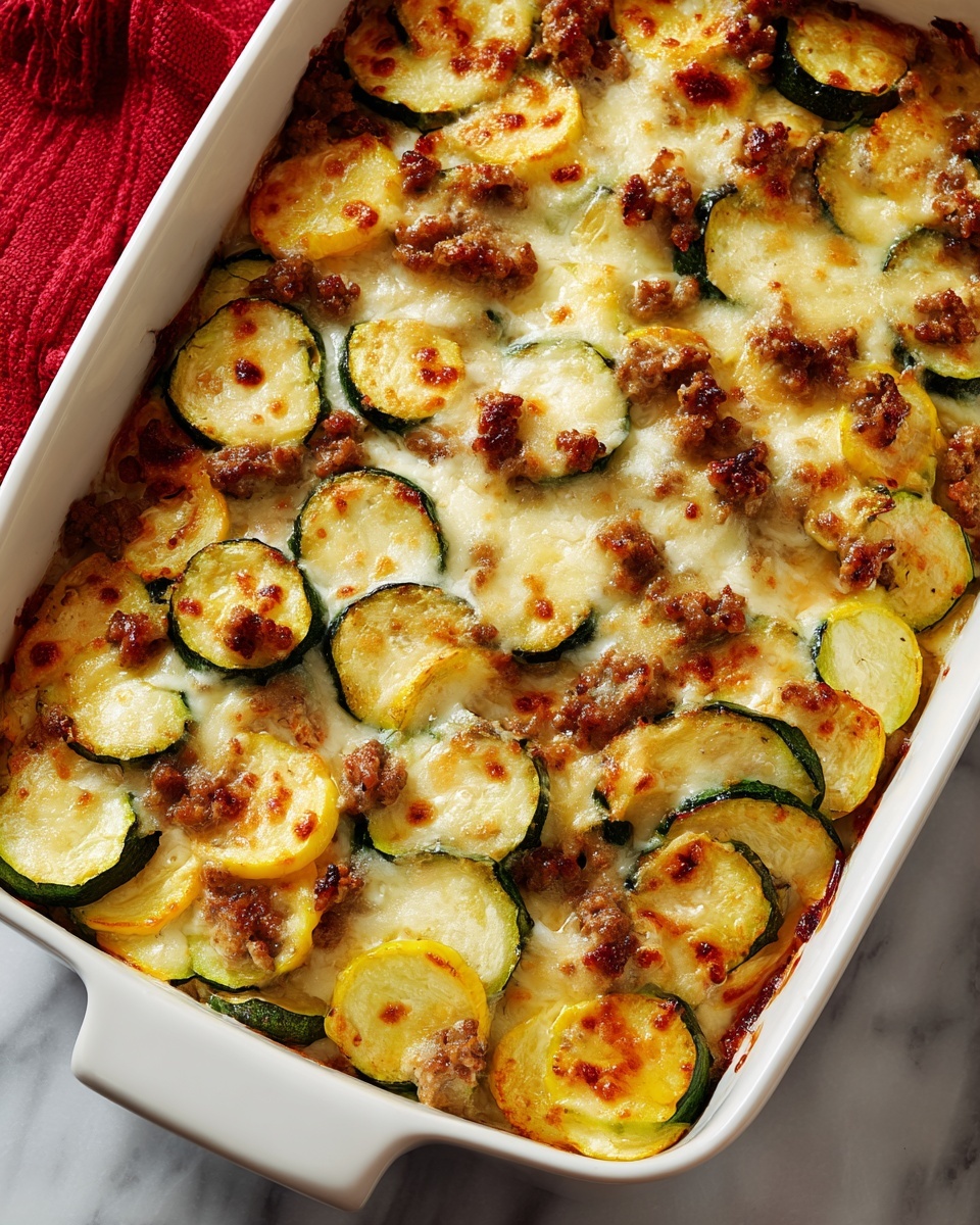 The image shows a white rectangular baking dish filled with a baked layered dish mainly made of round green and yellow zucchini slices partially covered with melted, slightly browned cheese and scattered brown cooked ground meat bits on top. The layers underneath alternate between the light green zucchini circles and the melted cheese creating a textured, bubbly surface with some darker, crisp edges. The dish rests on a white marbled surface with a hint of a red cloth in the background. photo taken with an iphone --ar 4:5 --v 7