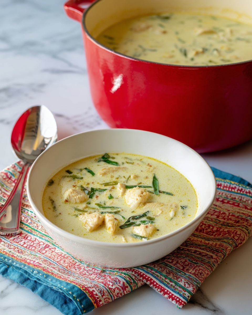 The image shows a creamy soup with chicken pieces in a white bowl, placed on a colorful striped cloth on a white marbled surface. The soup is light yellowish-green with visible chunks of chicken and green herbs floating in it. Behind the bowl, there is a large red pot filled with the same soup, with a smooth creamy surface on top. A silver spoon with a red handle rests next to the bowl on the cloth. Photo taken with an iphone --ar 4:5 --v 7
