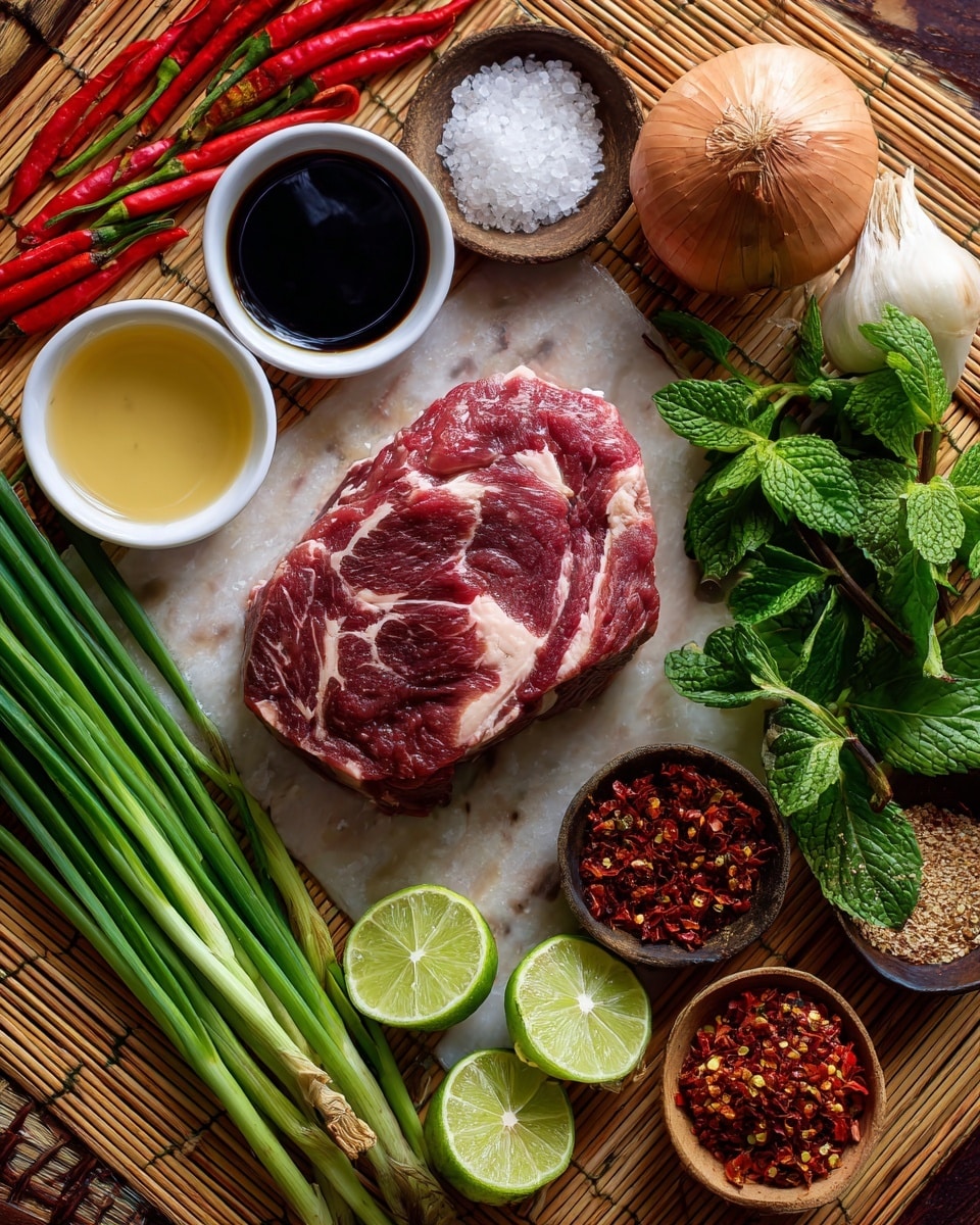 The image shows a bamboo mat with a white marbled surface underneath, displaying various ingredients neatly arranged. In the center is a single piece of raw red meat, surrounded by small white bowls holding oil, salt, and dark sauce. Around these are fresh green onion stalks, mint leaves, and small red chili peppers. Nearby lie unpeeled shallots, a halved lime, dried red chili flakes, and a pile of crushed red pepper. The colors range from deep red to bright green, with smooth, rough, and leafy textures. A woman's hand is not seen in the image. Photo taken with an iphone --ar 4:5 --v 7