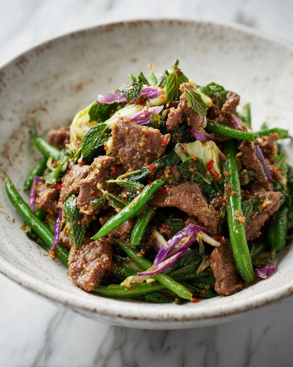 The dish shows many thin pieces of cooked meat mixed with bright green mint leaves and small bits of red onion, creating a mix of brown, green, and light purple colors. The meat looks well-seasoned with small spices visible on it. The food is placed on a large white speckled bowl with long green beans and light green cabbage pieces placed behind the meat on the same bowl. The background and surface beneath the bowl have a white marbled texture. photo taken with an iphone --ar 4:5 --v 7