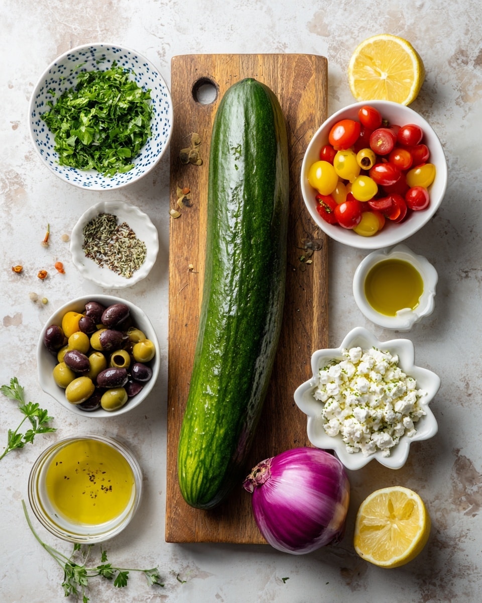 The image shows a large whole cucumber placed horizontally on a wooden cutting board with seven small bowls arranged around it. In the top left corner, a white bowl with blue spots holds fresh green chopped parsley. Below it, a white bowl contains a mix of red and yellow cherry tomatoes. In the bottom left corner, a small bowl contains green and black olives. In the bottom right corner, a white bowl holds crumbled white feta cheese. A halved red onion lies on the board near the bottom center. To the right of the cucumber, a small flower-shaped white dish holds ground black pepper, dried oregano, and salt. Next to that, a small clear bowl contains golden olive oil, and a half yellow lemon rests beside it. The whole setup is placed on a white marbled textured surface. Photo taken with an iphone --ar 4:5 --v 7
