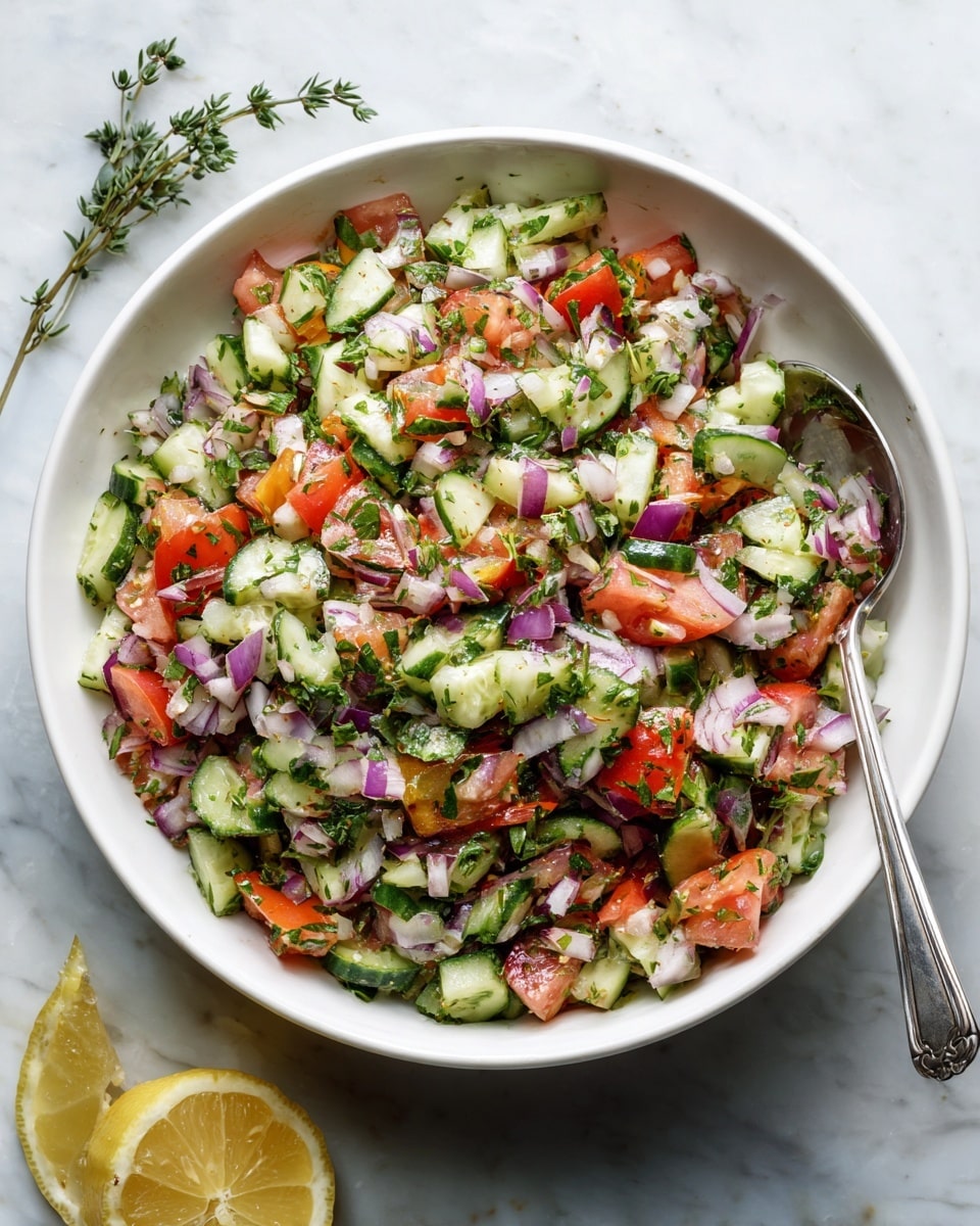 A white bowl filled with a colorful salad made of finely chopped layers of green cucumber, red tomato, white and purple onion, and bright green herbs, all mixed together. The chopped vegetables create a fresh, vibrant mix with small pieces evenly spread throughout. A spoon is placed inside the bowl, ready to serve. The bowl sits on a white marbled surface with a partly squeezed lemon and a sprig of green herbs placed nearby. photo taken with an iphone --ar 4:5 --v 7