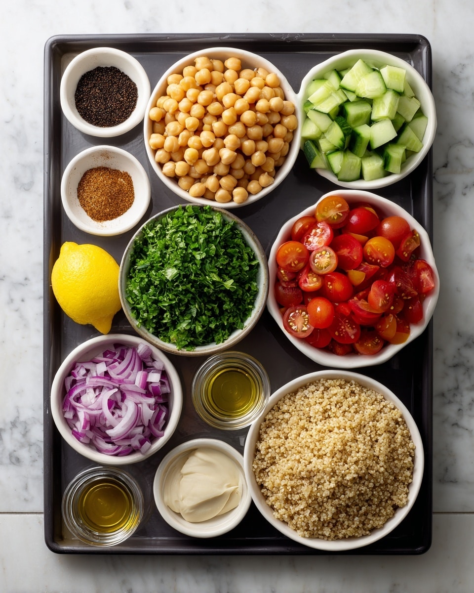 A black tray holds several white bowls with different ingredients arranged neatly. From the top left, there is a small bowl with dark ground spices, next to it a bowl full of light yellow chickpeas. To the right, a bowl holds cut green cucumber pieces. Below the chickpeas is a larger bowl filled with bright green chopped parsley. Next to it is a bowl filled with red, sliced cherry tomatoes. Below the parsley is a bowl with cooked, light tan quinoa grains. On the bottom left, a small bowl holds chopped purple onions. There are also small glass containers with light brown minced garlic, amber olive oil, half a yellow lemon, and a small bowl with light beige creamy dressing. All items rest on a white marbled surface. Photo taken with an iphone --ar 4:5 --v 7