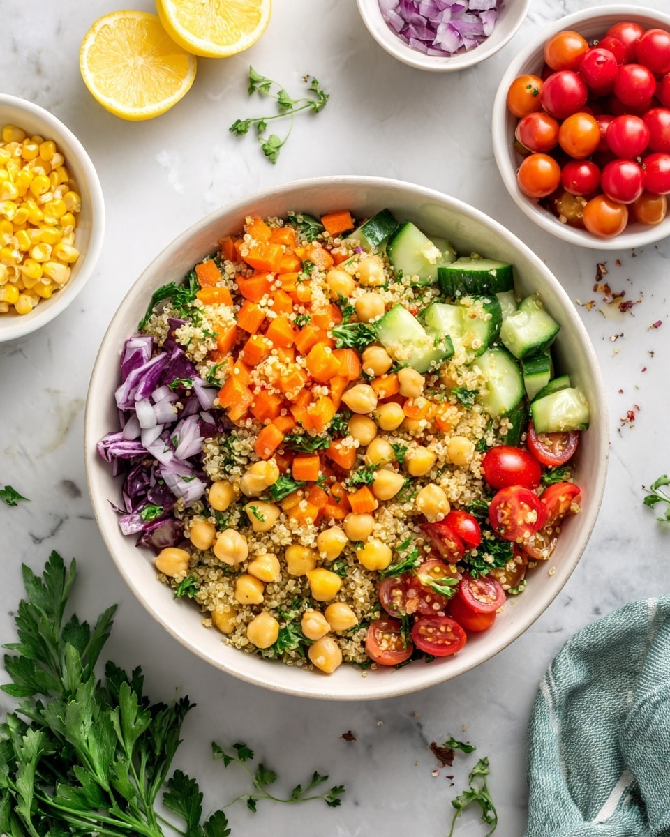 A white round bowl filled with a colorful quinoa salad sits on a white marbled surface. The salad has multiple layers: at the base are small, fluffy, beige quinoa grains, mixed evenly with bright orange diced carrot cubes, vibrant yellow corn kernels, and creamy beige chickpeas. Scattered throughout are fresh green cucumber chunks and leafy parsley pieces, along with bright red cherry tomato halves and bits of purple onion, adding pops of color and texture. Around the bowl, there are small white bowls containing corn and purple onion, cherry tomatoes, a halved lemon, and sprigs of fresh green herbs. The scene is bright and fresh, with a clean, healthy look. Photo taken with an iphone --ar 4:5 --v 7