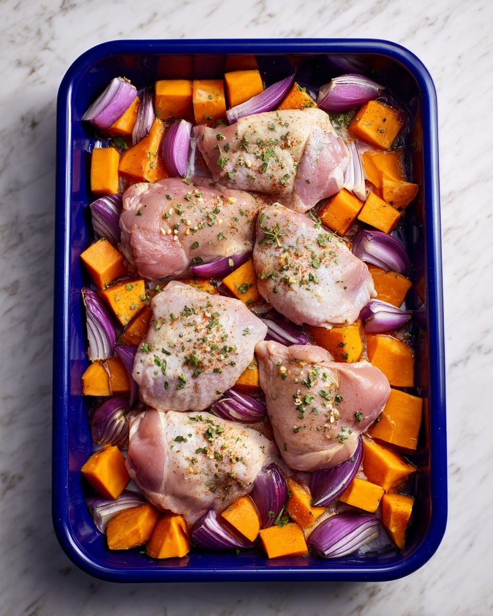 The image shows a blue baking tray filled with four pieces of raw chicken thighs placed on top of small, orange cubed sweet potatoes and wedges of purple-red onion, all mixed with small bits of green herbs sprinkled over the chicken. The sweet potatoes create the base layer with their bright orange and smooth texture, while the onion wedges are unevenly scattered, adding a shiny, layered purple touch. The raw chicken thighs, pale pink with some light seasoning, sit near the center on top of the vegetables. The tray is on a white marbled surface. Photo taken with an iphone --ar 4:5 --v 7