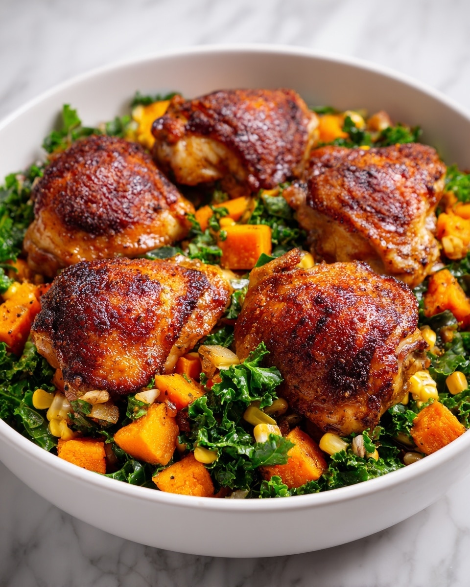 A white bowl filled with four golden-brown roasted chicken pieces placed on top of a colorful mix of orange cubed sweet potatoes, green kale leaves, and yellow corn kernels. The chicken has a crispy, seasoned skin that looks slightly shiny, and the vegetable mix forms a textured, colorful base beneath it. The bowl rests on a white marbled surface with some green blurred in the background. photo taken with an iphone --ar 4:5 --v 7
