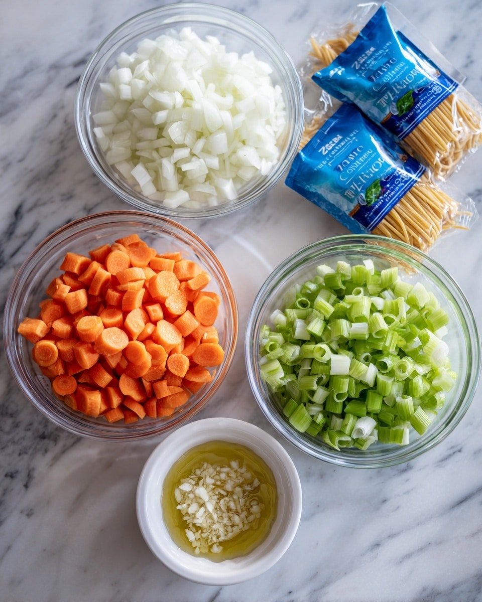 The image shows several clear glass bowls and two blue and white packages of Pasta Zero spaghetti placed on a white marbled surface. There are three bowls at the top: the left bowl contains white chopped onions, the middle bowl is filled with chopped green celery, and the right bowl holds sliced orange carrots. Below these bowls and to the right of the pasta packets, there is a small white ramekin with crushed garlic mixed with some oil. The clear bowls show the fresh colors and textures of the vegetables clearly. Photo taken with an iphone --ar 4:5 --v 7