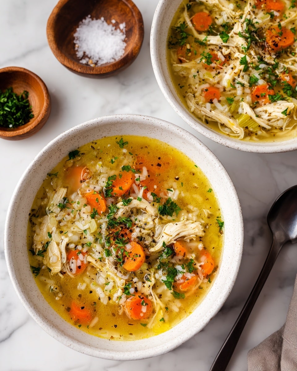 Two white textured bowls filled with chicken and rice soup sit on a white marbled surface. Each bowl has a clear yellow broth base with visible layers of shredded chicken pieces, bright orange carrot slices, white rice grains, and small bits of green herbs like parsley sprinkled on top. The soup looks warm with scattered black pepper flakes adding contrast. A small wooden bowl holding salt is slightly blurred behind one bowl while another wooden bowl with pepper is nearby. The focus is on the bowl in front showing rich texture and color of the ingredients clearly. photo taken with an iphone --ar 4:5 --v 7