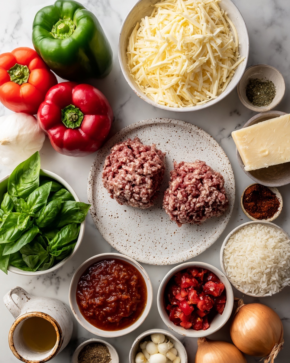 The image shows a spread of raw cooking ingredients laid out on a white marbled surface. At the top left, a white bowl holds three red and two green bell peppers, bright and smooth. Below this bowl, fresh green basil leaves add a leafy texture. Center left holds a white bowl filled with shredded pale yellow cheese. In the middle, a speckled white plate carries two rough-textured chunks of raw ground meat, one whole and one split open. To the right of the meat, a small bowl contains plain white rice grains. Around these, there are little bowls and containers with tomato paste (deep red), cooked diced tomatoes (bright red with juicy texture), and various spices in brown, white, and red shades. There is a chunk of light brown cheese, a white cup with brown rims holding a light brown liquid, a small container with a golden liquid, and whole onions and garlic bulbs on the bottom right. The whole scene looks clean and natural, ready for cooking. Photo taken with an iphone --ar 4:5 --v 7