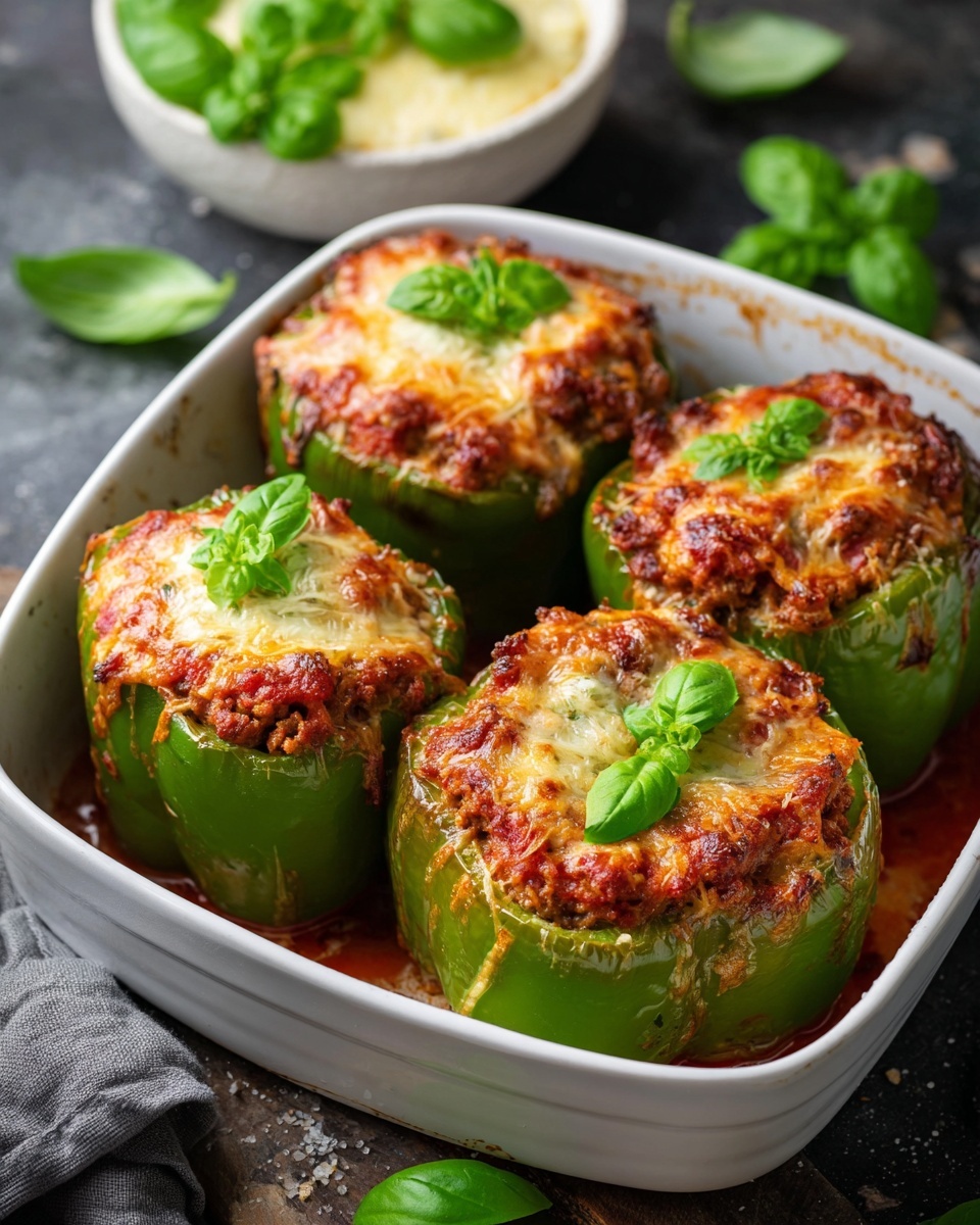 The image shows a white baking dish filled with four green bell peppers stuffed with a mix of red tomato sauce and ground meat, topped with a melted golden cheese layer that is slightly browned and bubbly. Each stuffed pepper is garnished with fresh green basil leaves, adding a touch of color contrast on top of the cheese. The baking dish sits on a dark surface with a few scattered basil leaves around. In the background, there is a white bowl containing similar melted cheese and green basil leaves. The overall look is warm, inviting, and rustic, with the cheese topping being the most textured and colorful part of the dish. Photo taken with an iphone --ar 4:5 --v 7