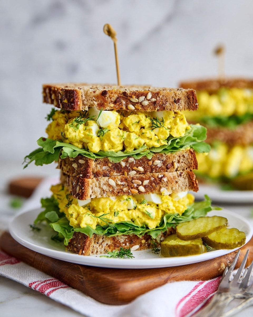 A tall, three-layer sandwich sits on a white plate set on a wooden board over a white marbled surface. Each layer consists of two slices of multigrain bread with visible seeds and oats, filled with bright yellow egg salad mixed with green herbs and separated by fresh, crisp green lettuce leaves. The sandwich is held together with a bamboo skewer on top. In the background, there is a blurred, smaller sandwich with the same ingredients, and a white cloth with red stripes is placed next to the plate, with a fork nearby and a couple of pickle slices on the wooden board. Photo taken with an iphone --ar 4:5 --v 7