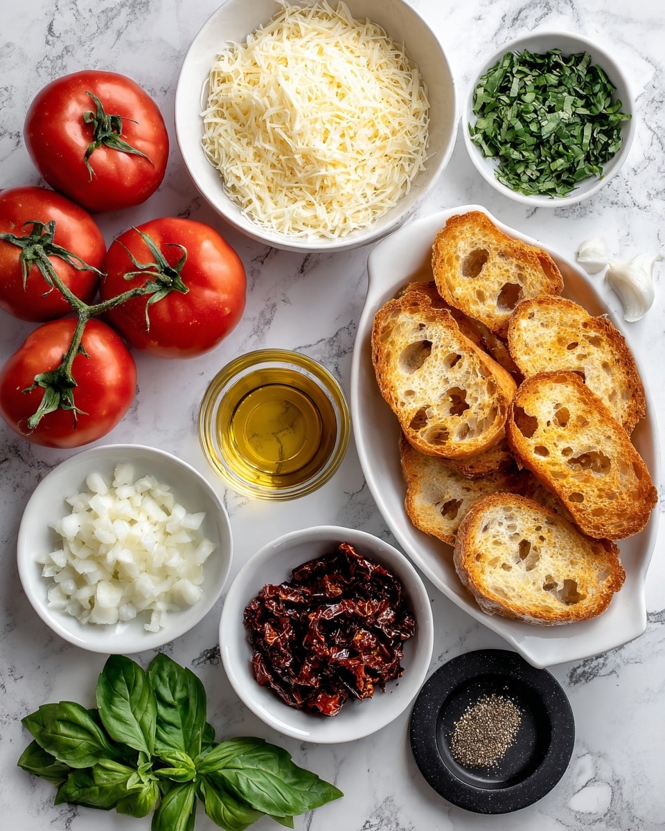 The image shows an organized layout of fresh ingredients on a white marbled surface. In the top left, there are three bright red tomatoes with green stems. Below the tomatoes, a white bowl holds shredded cheese with a slightly creamy color. To its right, a small white bowl contains finely chopped garlic, and next to it, a small glass with golden olive oil sits above a small glass of dark balsamic vinegar. On the far right, a white oval wooden dish is filled with several toasted bread slices, golden brown with visible crisp texture and holes. Beneath, there are two white bowls; one with chopped white onions and the other with dark red sun-dried tomatoes. On the lower left side, there is a bunch of fresh green basil leaves and a smaller bunch of fresh green oregano. Near the bottom right corner, a black ring-shaped object and a small white bowl filled with ground black pepper complete the scene. Photo taken with an iphone --ar 4:5 --v 7