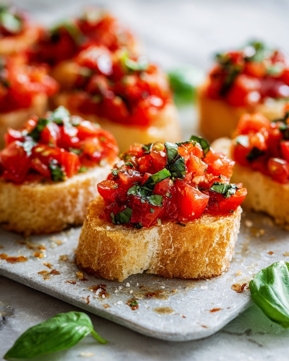 The image shows small white bread slices topped with a bright red mix of chopped tomatoes and dark green basil leaves. Each piece looks fresh and juicy with a shiny texture from the tomatoes’ juice. The bread is light golden brown and looks soft inside with a slight crunch on the outside. The bread pieces are arranged on a light gray baking tray with hint of crumbs, set on a white marbled surface. Around the tray are a few whole green basil leaves adding a fresh feel to the scene. Photo taken with an iphone --ar 4:5 --v 7