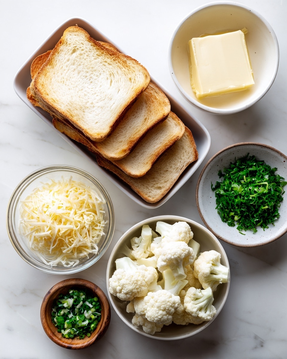 The image shows six small containers placed on a white marbled surface. In the largest container, there is a stack of light brown toasted bread slices with a soft texture, stacked loosely on top of each other. To the top right, there is a white bowl with smooth, creamy pale yellow butter. Below the butter, a small metal bowl holds several uneven pieces of white cauliflower. Next to the cauliflower bowl is a clear glass container filled with finely grated pale yellow cheese. On the bottom left, a small wooden bowl contains finely chopped dark green chives. To the right of the chives, a white bowl with a brown rim holds roughly chopped bright green parsley leaves. The setup is clean and organized, with a soft natural light. photo taken with an iphone --ar 4:5 --v 7