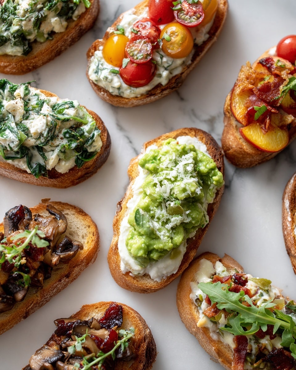 Several toasted slices of crusty bread are spread out on a white marbled surface, each topped with different colorful layers. One group has a creamy white base with chopped spinach and halved cherry tomatoes on top. Another group features smooth white cheese spread, thin peach slices, and small crispy bacon bits. A third row shows green pea mash sprinkled with shredded cheese. Another set presents white cheese with a dark red jam sprinkle and small green arugula leaves. The last row includes caramelized mushrooms and onions garnished with small green herbs. The whole scene is bright with a variety of textures and colors, photo taken with an iphone --ar 4:5 --v 7