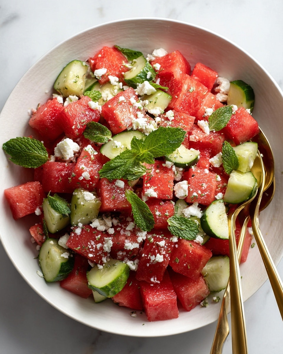 A white bowl filled with a fresh watermelon salad, showing bright red watermelon cubes as the main layer. Mixed among the watermelon are small green cucumber slices, fresh green mint leaves, and crumbled white cheese scattered on top. A pair of gold salad tongs rests inside the bowl against the watermelon. The bowl is placed on a white marbled surface. Photo taken with an iphone --ar 4:5 --v 7