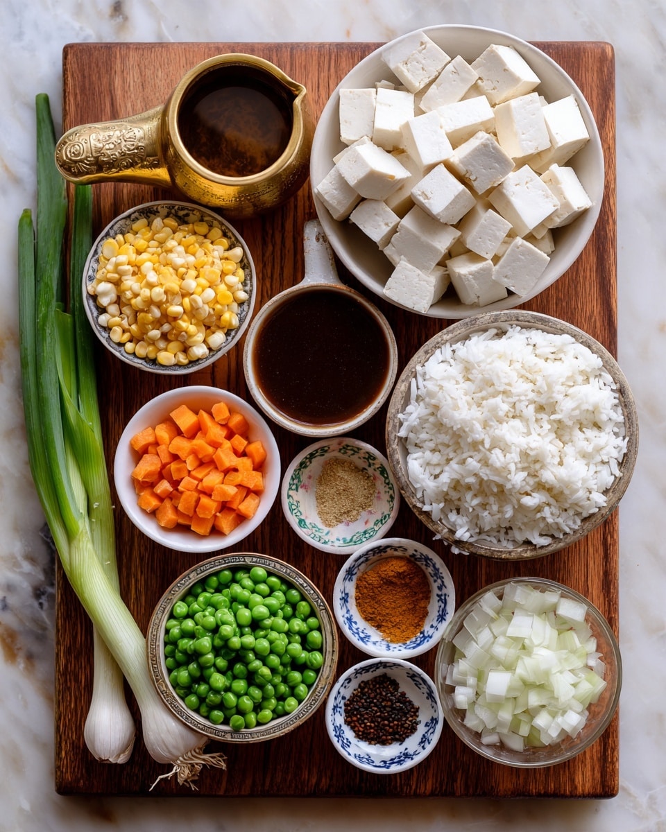 A wooden board on a white marbled texture holds several small white bowls and one white bowl with blue floral patterns, each filled with different ingredients. The largest bowl contains cubed white tofu, to its right is a bowl filled with white cooked rice. Below the tofu, there is a gold measuring cup with thick dark sauce, next to a white bowl filled with small diced orange carrots. Adjacent to the carrots is another white bowl containing yellow corn kernels. Below, there is a green bowl filled with frozen green peas, a small patterned white bowl with chopped garlic, and a bowl with mixed powdered spices in shades of red, brown, and black. On the right side, a white bowl contains diced white onions. At the bottom left corner, there are two green onions on the board. Photo taken with an iphone --ar 4:5 --v 7