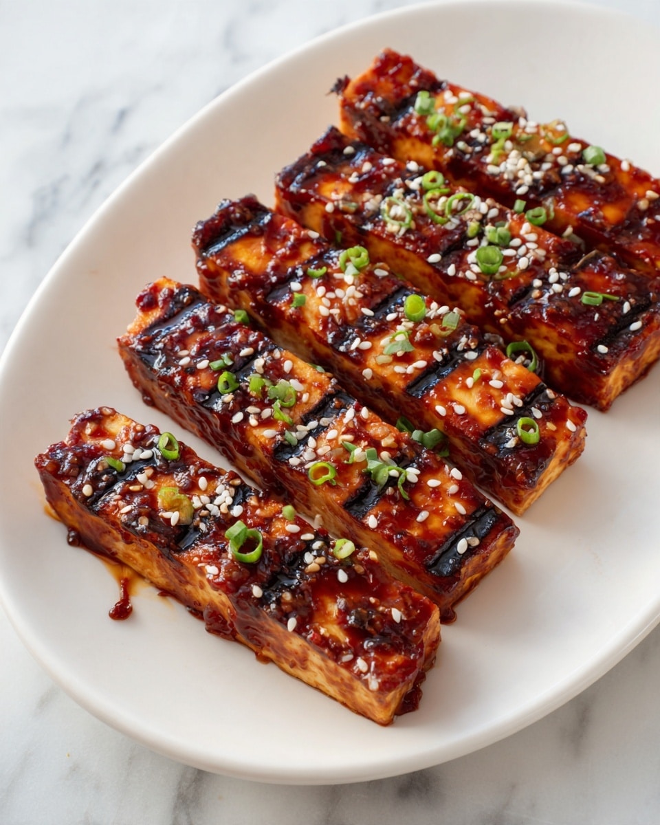 The image shows five rectangular pieces of grilled tofu sauce side by side on a white plate, placed on a white marbled surface. Each tofu piece has dark grill marks on its golden brown surface, coated with a shiny, thick reddish-brown sauce. White sesame seeds and small green onion pieces are sprinkled on top, adding texture and a touch of color contrast. The tofu pieces are neatly arranged in a slightly overlapping row, creating an inviting look. photo taken with an iphone --ar 4:5 --v 7