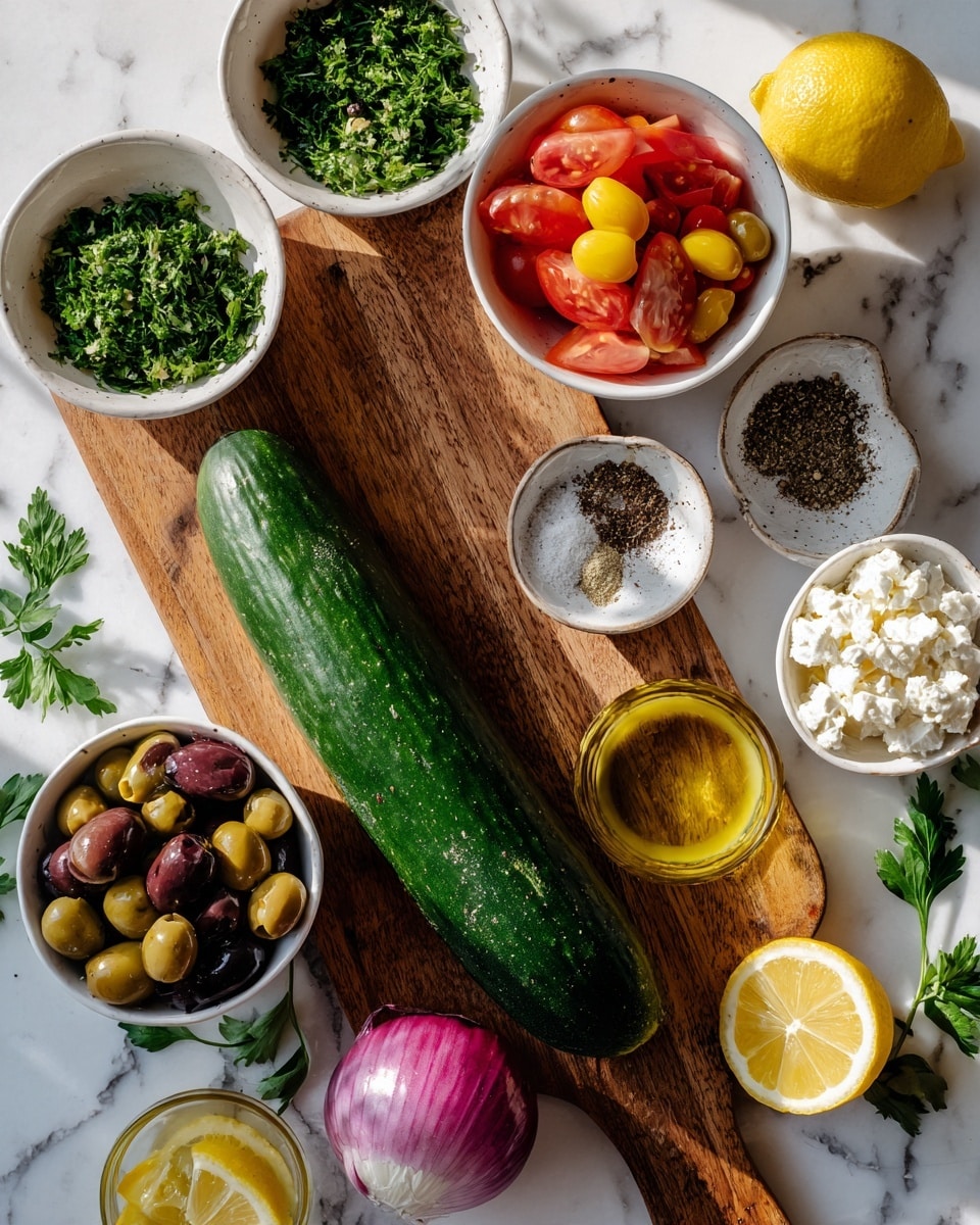A long dark green cucumber lies horizontally in the center on a wooden cutting board placed on a white marbled surface. Around the cucumber, several small white bowls hold different fresh ingredients: at the top left is a bowl with bright green chopped parsley, below it a bowl filled with red and yellow grape tomatoes, at the bottom left a bowl of mixed green, black, and brown olives, and at the bottom right a bowl of white crumbled cheese. Above the cucumber to the right, there is a small white bowl with black pepper, dried herbs, and salt arranged in separate sections. Below that is a small round glass bowl with golden olive oil. Half of a lemon with a pale yellow inside is placed near the olive oil bowl and a whole lemon lies off the bottom right corner. A halved red onion rests near the bottom center under the cucumber. A few scattered parsley leaves sit on the wooden board and marble surface around the bowls. The lighting is bright and natural, showing clear textures in all the items. Photo taken with an iphone --ar 4:5 --v 7