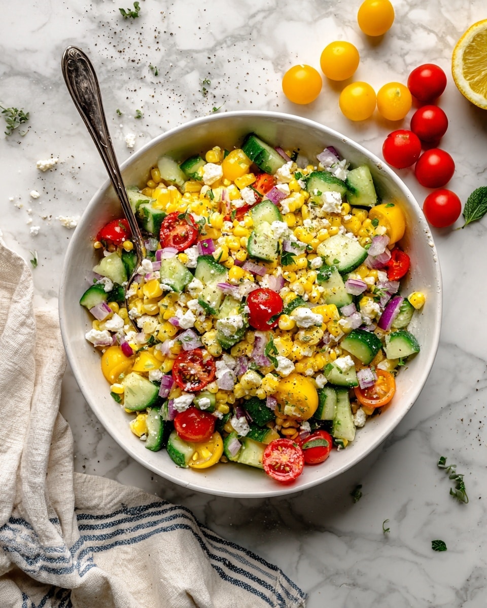 A white bowl filled with colorful salad sits on a white marbled surface. The salad has many pieces of bright yellow corn, green cucumber chunks, small red and yellow cherry tomato halves, little cubes of white cheese, and small bits of red onion. There are also green herb sprinkles on top and a light dusting of black pepper. A silver spoon rests in the bowl, and near the bowl are some whole cherry tomatoes and half a lemon. A cream cloth with blue stripes is placed partially in the background. photo taken with an iphone --ar 4:5 --v 7