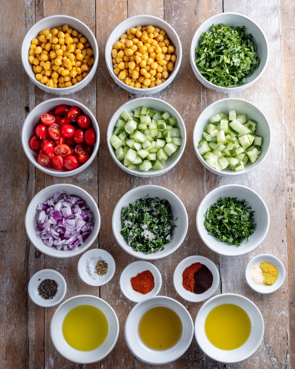 The image shows seventeen small white bowls arranged neatly on a wooden surface. Starting from the top, there are two bowls filled with yellow chickpeas placed side by side. Below them, a bowl of bright red halved cherry tomatoes is on the left, and a bowl of light green chopped cucumbers is on the right. On both sides of these, there are small bowls of finely chopped leafy green herbs. Below, there are more bowls containing diced purple onions, charred red bell pepper pieces, and small spice bowls with dark brown, bright red powder, and ground black pepper. At the bottom, there are two larger white bowls filled with light yellow liquid, likely olive oil and lemon juice, flanked by small bowls with minced garlic and mustard. The whole setup is on a white marbled surface. Photo taken with an iphone --ar 4:5 --v 7