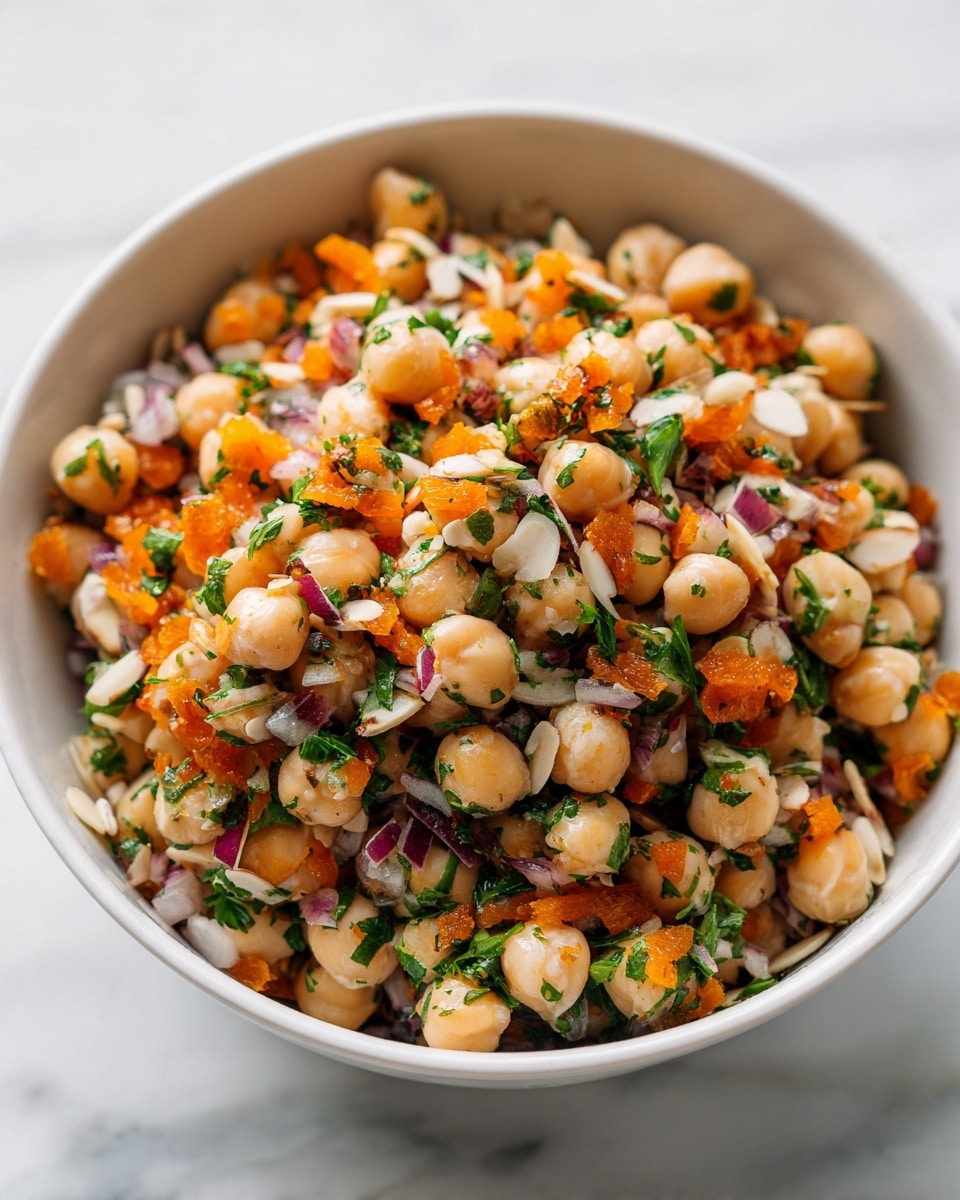 A close-up view of a white bowl filled with a chickpea salad. The salad has several layers of ingredients mixed together: light beige chickpeas are the main layer, topped with bright orange diced dried apricots, finely chopped fresh green herbs, small pieces of red onion, and bits of white almonds scattered on the top. The bowl sits on a white marbled surface with soft, natural lighting highlighting the colors of the fresh ingredients. photo taken with an iphone --ar 4:5 --v 7
