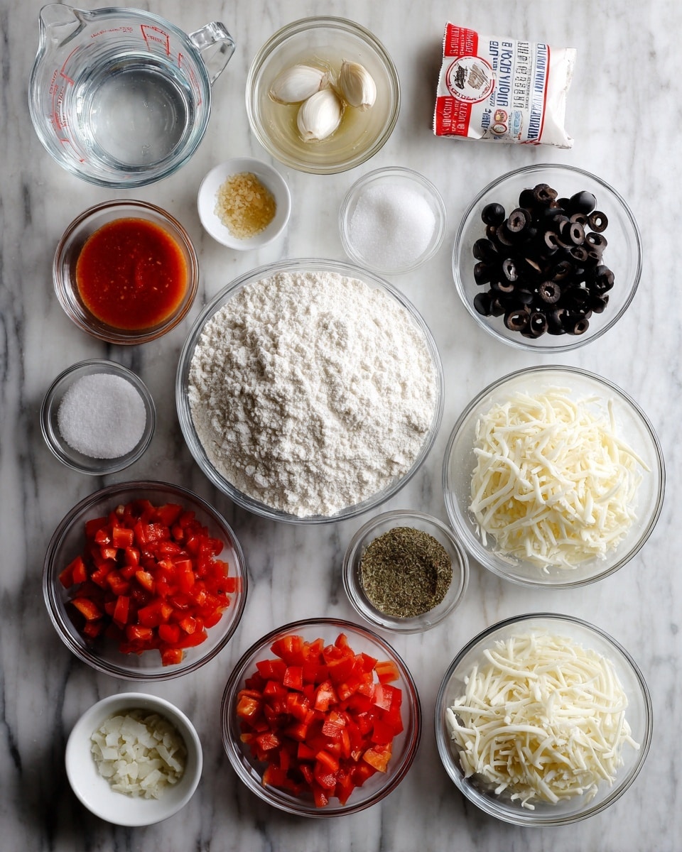 The image shows a white marbled surface with multiple clear glass bowls arranged neatly, each containing different ingredients. In the center, there is a large bowl filled with white flour. Around it are smaller bowls holding shredded white cheese, sliced black olives, diced red tomatoes, chopped red bell peppers, and tomato sauce. On the left side, there is a glass measuring cup with clear water, a small bowl with honey, a bowl with minced garlic, and a bowl with salt. Near the water cup, there is a red and white packet of active dry yeast. Everything is spaced evenly, showing the ingredients clearly and in good light. photo taken with an iphone --ar 4:5 --v 7