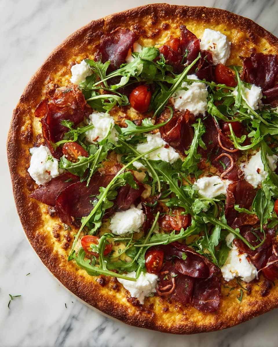 A round pizza with a thick, golden-brown crust forms the base, topped with a layer of melted cheese and scattered thin slices of dark red cured meat. Bright green arugula leaves are placed evenly across the pizza, along with halved small red cherry tomatoes. Dollops of white cream cheese are spread in five places, adding a soft texture on top. The pizza sits on a white marbled surface with more arugula leaves scattered around it. photo taken with an iphone --ar 4:5 --v 7