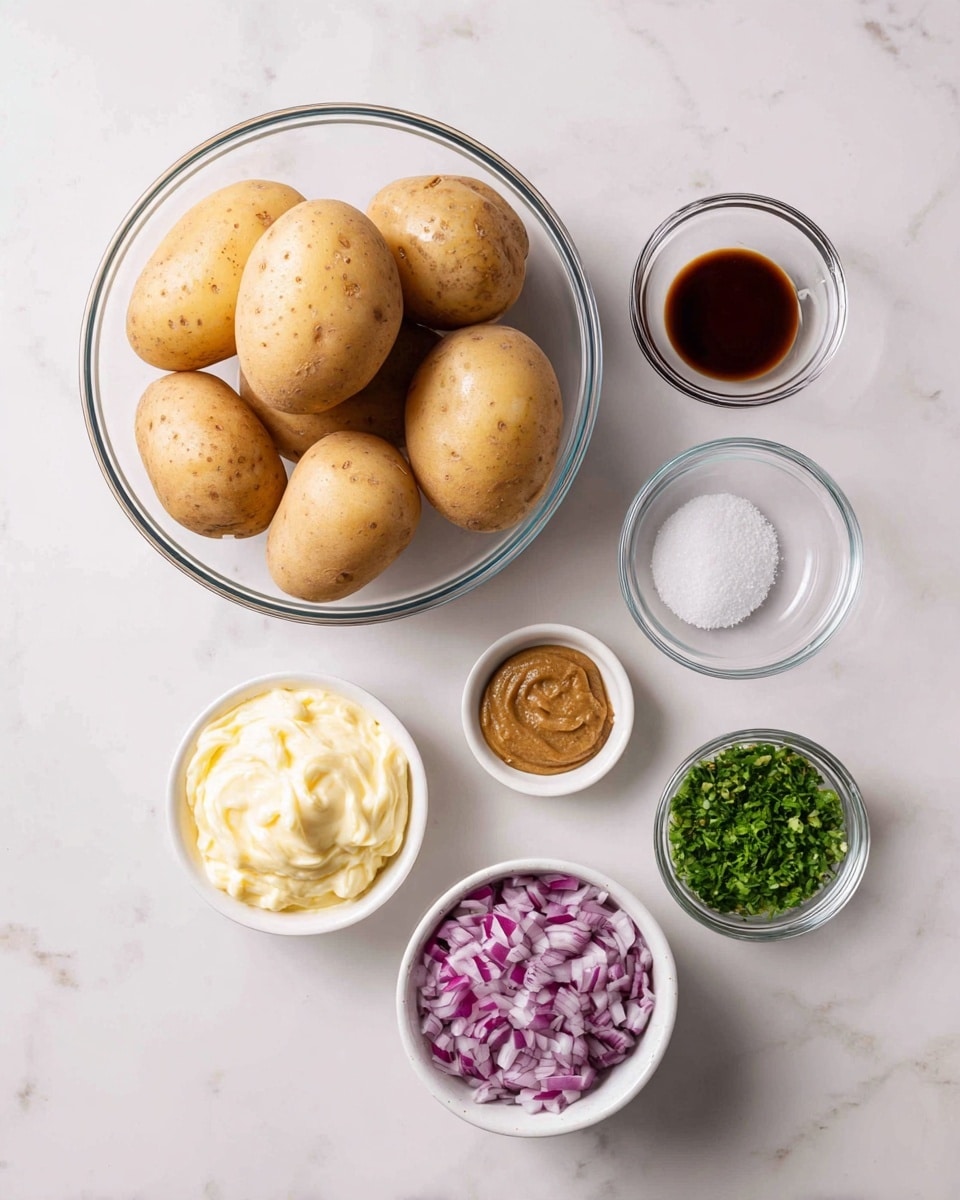 The image shows six whole, light brown potatoes with thin skin in a clear bowl at the top left on a white marbled surface. To the right of the bowl, there are three small clear glass bowls arranged vertically: the top bowl contains dark brown liquid, the middle one has white salt, and the bottom one is filled with small chopped green herbs. Below the potatoes, there is a round white bowl with a brown mustard-like paste. To the bottom left of it, there is another white bowl filled with creamy pale yellow mayonnaise. To the right of that, a white bowl holds finely chopped red onions. The setup is clean and placed neatly on the white marbled texture photo taken with an iphone --ar 4:5 --v 7
