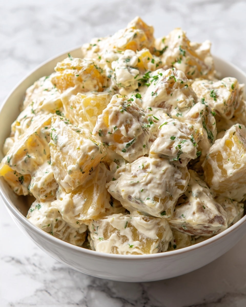 The image shows a close-up view of a white bowl filled with a creamy potato salad. The salad has roughly three layers of potato chunks coated in a thick, beige dressing with green specks of herbs spread throughout. The potato pieces are unevenly shaped, some having ridged edges, and they occupy the bowl evenly from bottom to top. The texture looks soft with a smooth, creamy sauce covering the potatoes. The background is a white marbled surface. Photo taken with an iphone --ar 4:5 --v 7