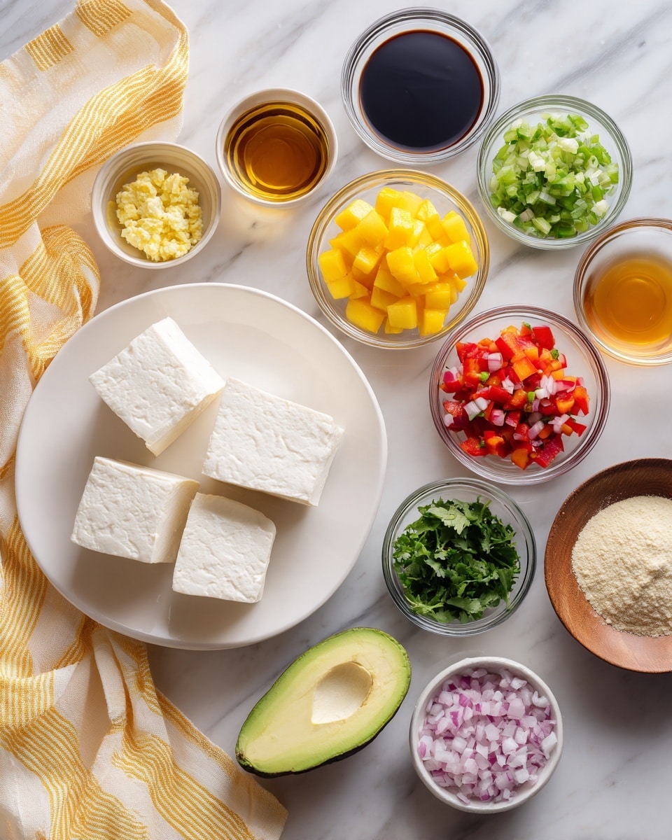 The image shows a white plate with two square white tofu blocks on the left side. Around the plate, multiple small clear glass bowls contain finely chopped ingredients: bright yellow diced mango, red diced bell pepper, green chopped cilantro, small chopped green chile, finely chopped red onion, and a whole dark green avocado near the upper right. Several other bowls hold different liquids and powders, including a dark soy-like sauce, light brown and amber liquids, a small bowl of beige powder, and a bowl with pink salt, all arranged on a white marbled surface. A yellow and white striped cloth is partly visible on the left edge of the image. Photo taken with an iphone --ar 4:5 --v 7