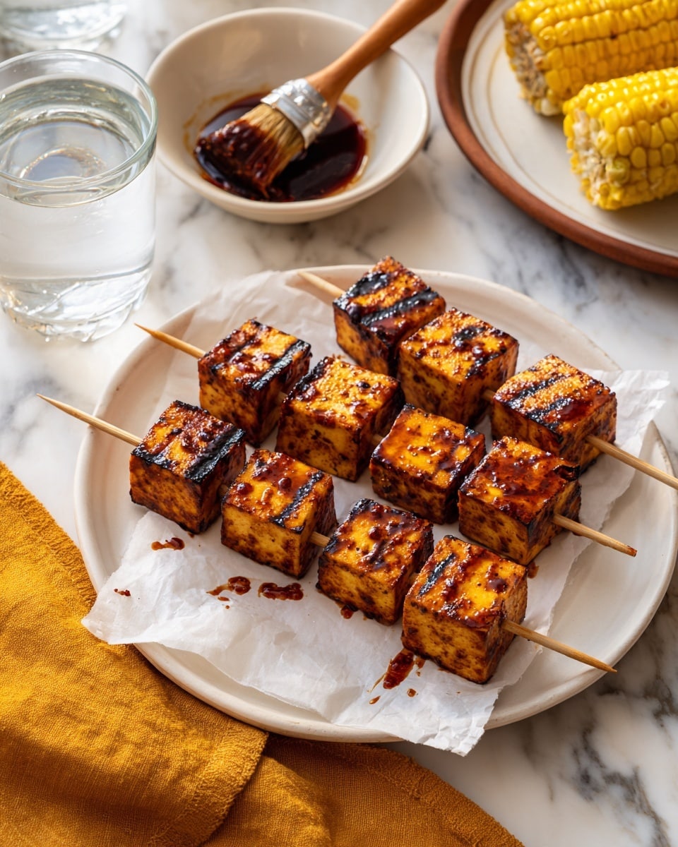 The image shows three white skewers with grilled tofu cubes, each skewer holding about four to five square pieces. The tofu cubes are golden brown with visible char marks and a shiny layer of sauce brushed on top, giving a slightly sticky texture. The skewers rest on white parchment paper placed on a white plate. Around the plate, there is a glass of water, a piece of corn on the cob on another white plate, and a small bowl of sauce with a wooden brush resting inside. The setting is on a white marbled surface with a warm, yellow cloth adding a cozy touch. photo taken with an iphone --ar 4:5 --v 7