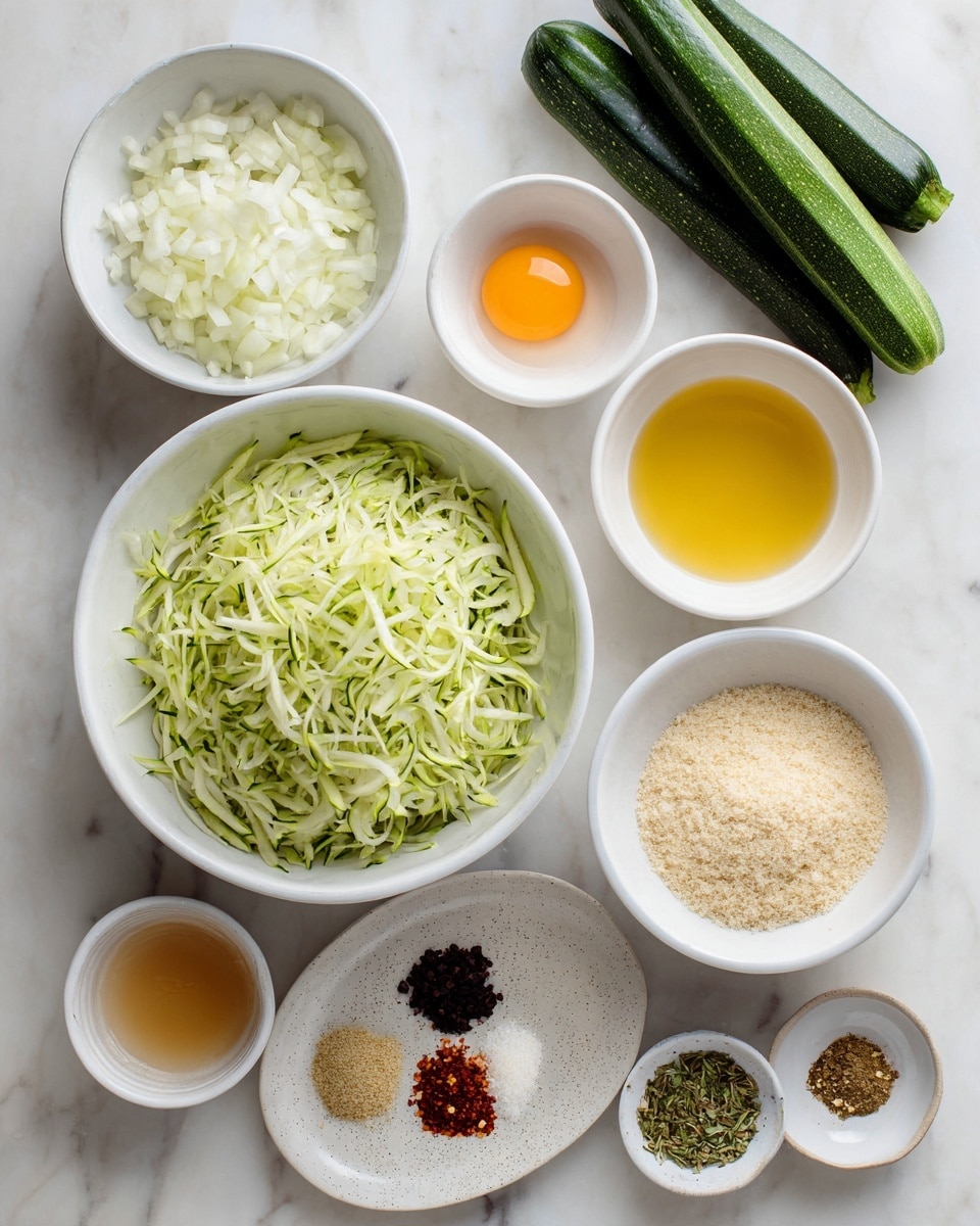 The image shows several white bowls on a white marbled surface, each filled with different cooking ingredients. The largest bowl in the center contains shredded light green zucchini with some dark green skin bits visible. Around it, there is a white bowl with chopped white onions, a bowl with light beige breadcrumbs, a bowl with a cracked raw egg showing bright orange yolk, and another bowl with a clear yellow liquid. A speckled white plate holds small piles of ground black pepper, dried red chili flakes, dried green herbs, and light brown garlic powder. Parts of dark green zucchinis are also visible at the top. Everything is arranged neatly and brightly lit. Photo taken with an iphone --ar 4:5 --v 7