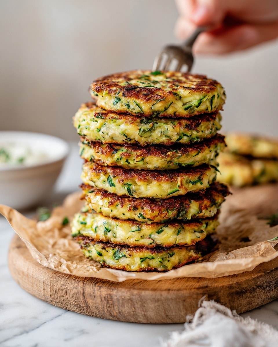A tall stack of six golden brown zucchini fritters is shown resting on light brown parchment paper on a wooden board, each fritter thick and round with a crispy, browned surface and visible green zucchini bits throughout. The fritters have a slightly uneven texture with green flecks of zucchini spread evenly inside. The background includes a blurred white bowl and a woman's hand holding a fork near the stack. The scene sits on a white marbled surface. photo taken with an iphone --ar 4:5 --v 7