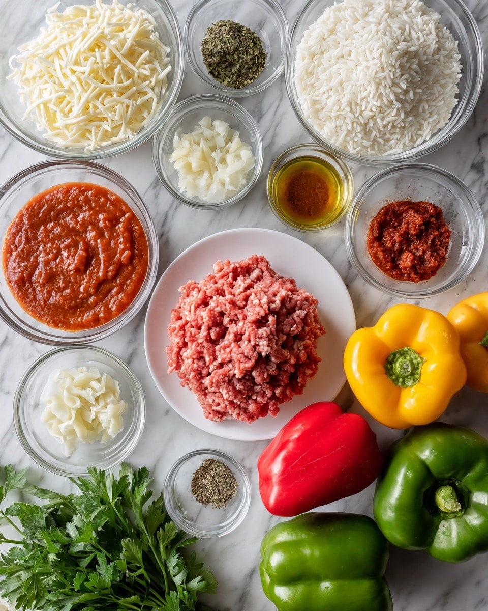 A top view shows an arrangement of cooking ingredients on a white marbled surface. In the center is a white plate with raw ground meat in a pinkish-red color, with a rough texture. Around it are clear glass bowls filled with white cooked rice, chopped white onions, shredded cheese, and chunky red tomato sauce. Small glass bowls hold minced garlic, olive oil, red chili flakes, tomato paste, and dried herbs. On the right side are fresh bell peppers in green, red, and yellow colors, along with a bunch of green parsley leaves. The colors are bright and fresh, with a clean and organized look. Photo taken with an iphone --ar 4:5 --v 7