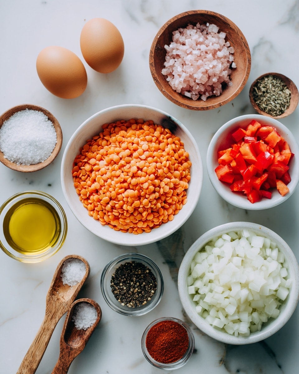 A white bowl filled with bright orange lentils sits in the center on a white marbled surface. Above it, two brown eggs rest side by side on the surface next to a small wooden bowl full of pink salt crystals. To the right of the eggs, a white bowl holds small diced pieces of red bell pepper. Below the lentils, a small clear glass bowl contains yellow olive oil, and next to it, another white bowl is filled with chopped white onions. Near the bottom right corner, a small glass bowl with black pepper sits close to the peppers, and two wooden measuring spoons with light brown and red spice powders are placed to the left of the lentils. A white bowl filled with white granulated salt lies near the bottom edge. The photo is taken with an iphone --ar 4:5 --v 7