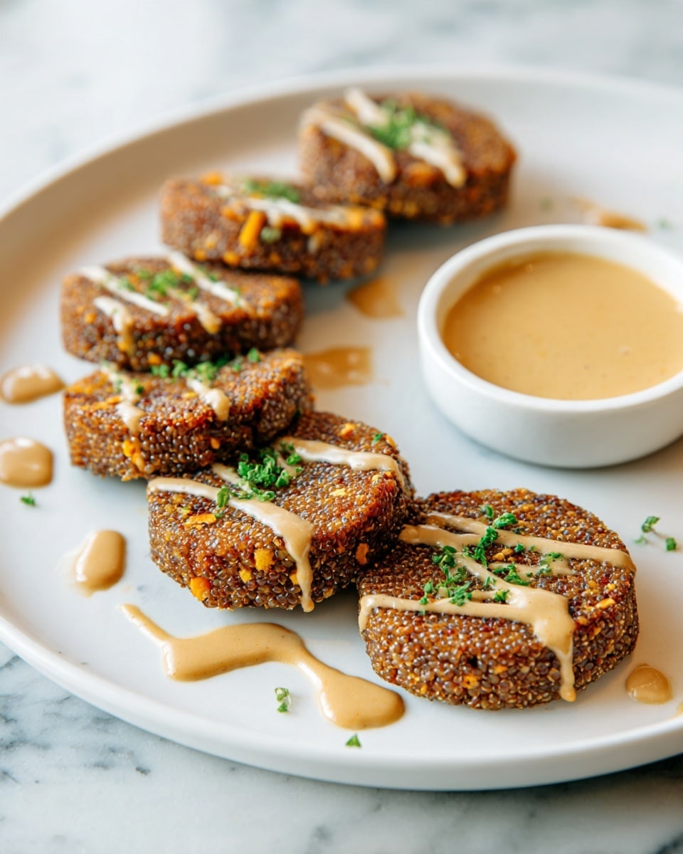The image shows six round, flat patties with a coarse, brown texture and small visible bits of orange and green, arranged on a white plate. The patties are drizzled with a light beige sauce in thin, uneven lines across each piece. Small pieces of chopped green herbs are scattered on top of the patties and around the plate. To the side of the patties, on the same plate, there is a small round white bowl filled with the same light beige sauce. The background is a white marbled surface. photo taken with an iphone --ar 4:5 --v 7